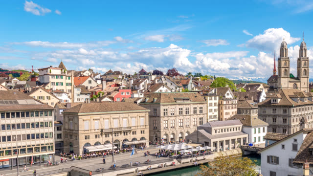 Zurich-Switzerland-time-lapse-4K,-aerial-view-city-skyline-timelapse-from-Lindenhof