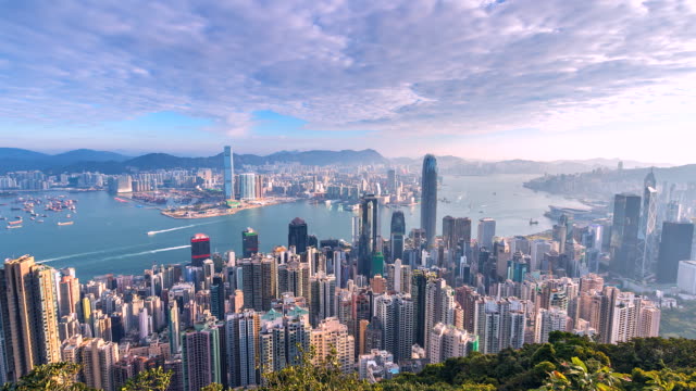 4K-Time-lapse-Aerial-view-of-Victoria-Harbor,-Hong-Kong