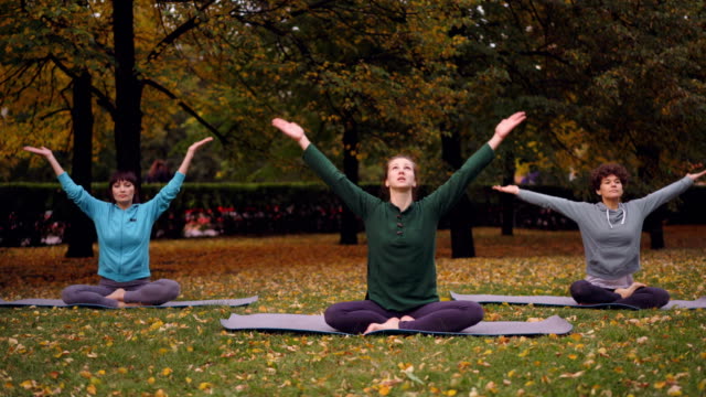 Spititual-young-women-are-meditating-sitting-in-lotus-position-on-yoga-mats-in-park-and-breathing-fresh-air-relaxing-after-outdoor-practice.-Meditation-and-nature-concept.