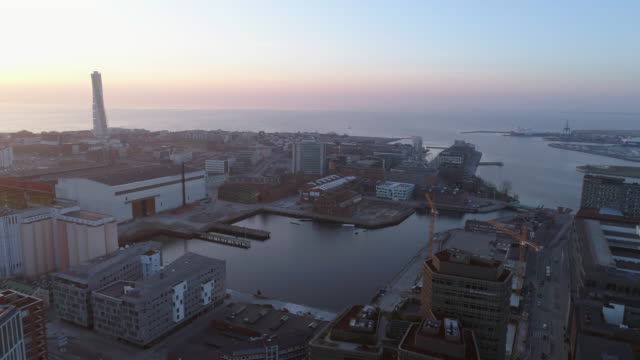 Aerial-view-of-Malmö-city-at-sunset