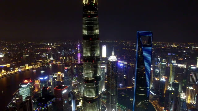 AERIAL-shot-of-Shanghai-cityscape-and-skyline-at-night/Shanghai,China