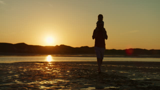 Silhouette-Of-Father-Walking-With-Son-On-His-Shoulders-At-Beach