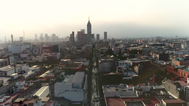 Mexico-City,-crossing-of-Madero-and-Latin-American-Tower,-Historical-center-view-with-drone