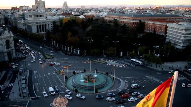 Plaza-Cibeles,-View-From-The-Top-Of-Palacio-Comunicaciones-Madrid,-Spain