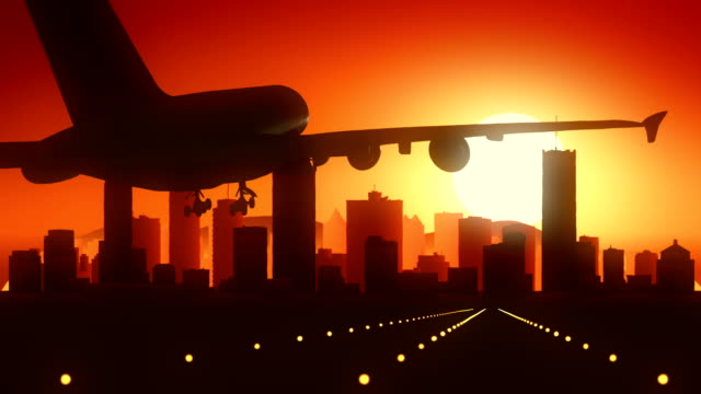 Montreal-Canada-Airplane-Landing-Skyline-Golden-Background