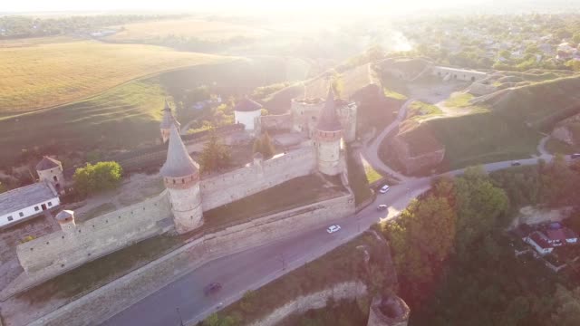 Aerial-view-Flying-camera-over-of-the-old-castle.-Ukrine.-aLviv.-Pidgirtsi.-Travel-tourism-adventure-in-wild-nature-camera-bird-eye-view