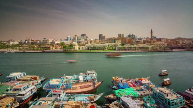 dubai-city-deira-creek-ship-parking-roof-top-panorama-4k-time-lapse-united-arab-emirates