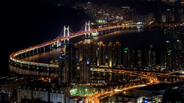 Night-timelapse-of-Gwangan-bridge-in-Busan,-South-Korea