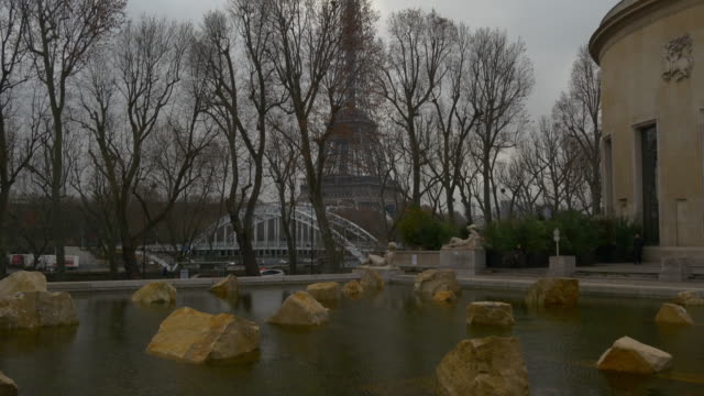 Francia-día-de-lluvia-panorama-4k-de-la-fuente-del-famoso-Palacio-de-Tokio-de-París