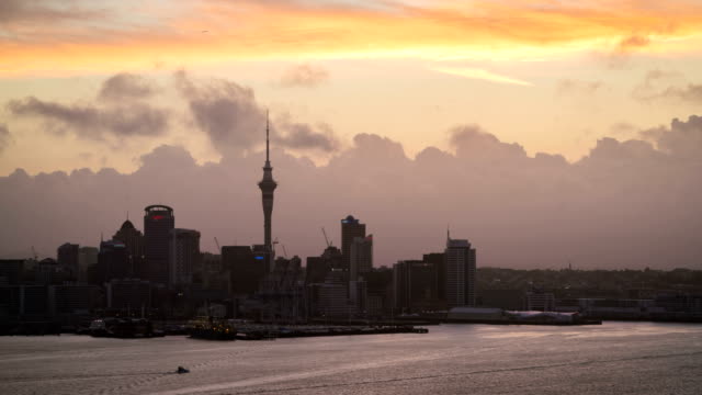 Sonnenuntergang-Zeitraffer---Auckland-Sky-Tower-und-Hafen-in-Auckland