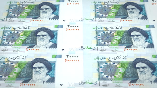 Billetes-de-20-mil-riales-iraníes-de-Irán,-dinero-en-efectivo,-lazo