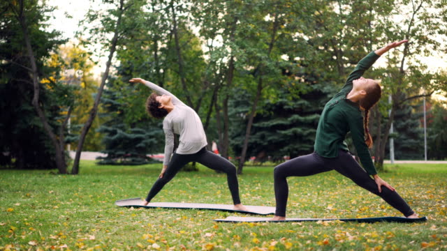 Zwei-schöne-Mädchen-Yogalehrer-und-Schüler-üben-Abfolge-von-Asanas-im-Park-stehen-auf-Matten-und-beweglichen-Körper-und-Arme.-Millennials-und-Freizeit-Konzept.
