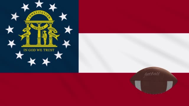 Georgia-flag-waving-and-american-football-ball-rotates,-loop