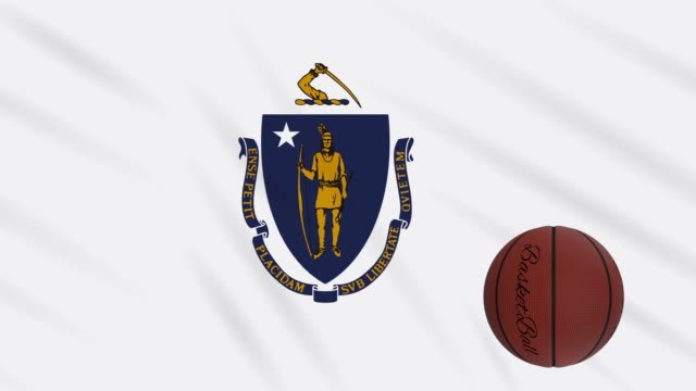 La-bandera-de-Massachusetts-ondeando-y-la-pelota-de-baloncesto-gira,-bucle