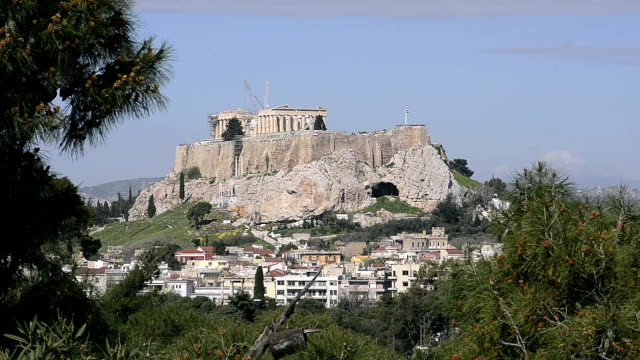 Vista-del-antiguo,-en-Grecia-y-vista-a-la-Acrópolis