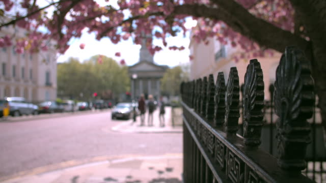 City-street-in-spring,-Marylebone,-London,-selective-focus