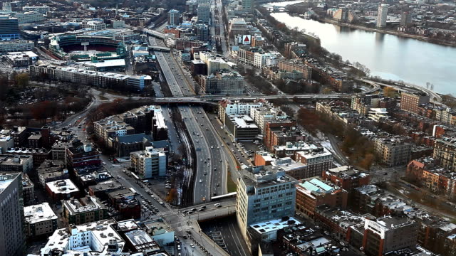 Aerial-of-the-city-of-Boston,-Massachusetts-with-Fenway