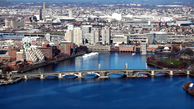 Aerial-of-Boston,-Massachusetts-along-the-Charles-River