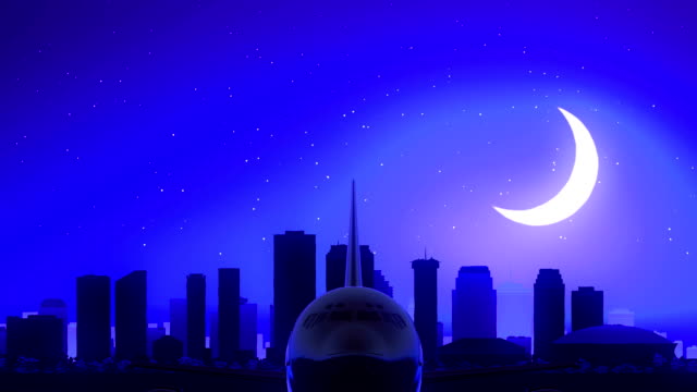 New-Orleans-Louisiana-USA-Amerika-Flugzeug-abheben-Moon-Night-Blue-Skyline-Travel