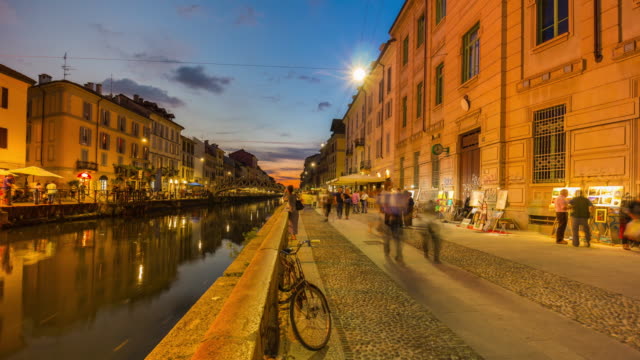 Italien-Sonnenuntergang-Mailand-Ripa-di-Porta-Ticinese-Canal-Grande-gehen-Menschen-Panorama-4k-Zeitraffer
