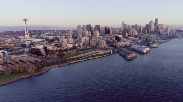Aerial-Seattle-Washington-Pull-Away-From-Downtown-Waterfront-at-Dusk
