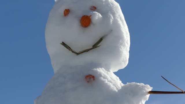 Concept-positive-mindset-smiling-snowman-blue-sky