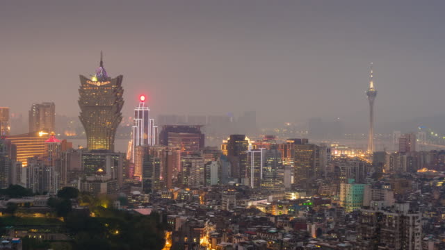 China-Macao-berühmten-Sonnenuntergang-Smog-Dach-Stadtbild-Stadtpanorama-4k-Zeitraffer