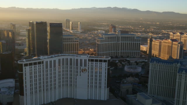 Las-Vegas,-Nevada-Aerial-view-of-Las-Vegas-Strip-at-sunset
