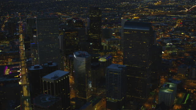 Aerial-view-of-downtown-Denver-buildings-at-night