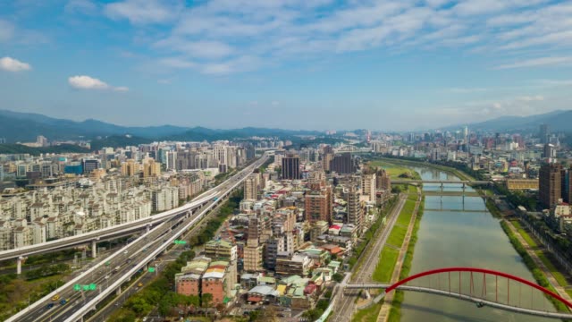 sunny-day-taipei-cityscape-river-bridges-aerial-panorama-4k-timelapse-taiwan