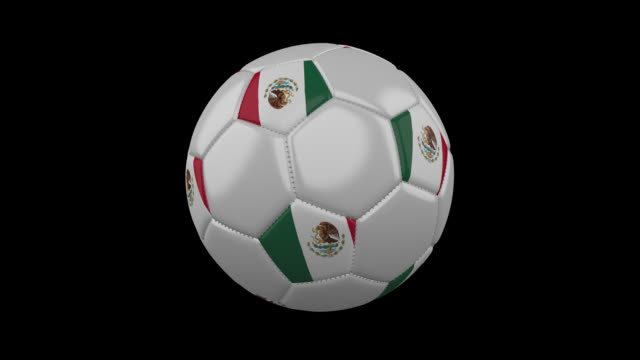 Soccer-ball-with-Mexico-flag-colors-rotates-on-transparent-background,-3d-rendering,-prores-4444-with-alpha-channel,-loop