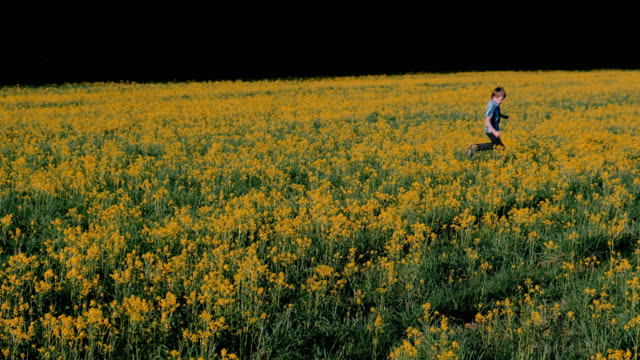 Niño-corre-en-el-campo-entre-las-flores-amarillas.