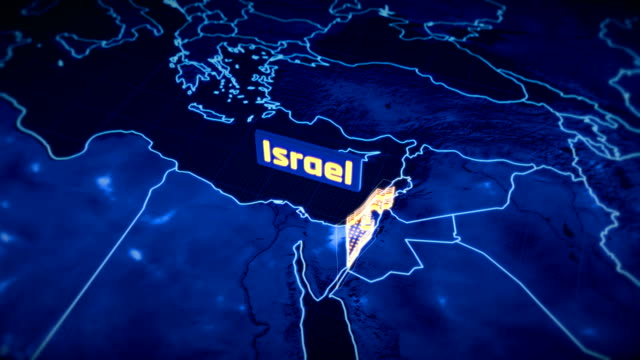 Visualización-en-3D-Israel-país-frontera,-contorno-del-mapa-moderno,-viajes