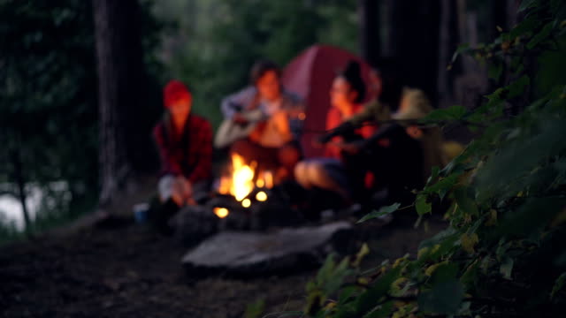 Blurred-footage-of-tourists-friends-sitting-around-bonfire-in-forest,-playing-the-guitar-and-singing-getting-warm-near-fire.-Focus-on-tree-branch-in-foreground.
