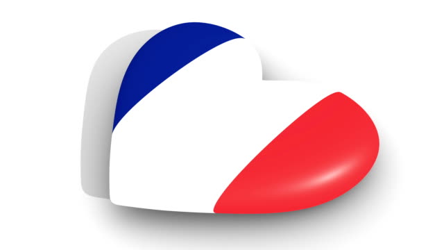 Palpitante-corazón-en-los-colores-de-la-bandera-de-Francia,-sobre-un-fondo-blanco,-lado-de-renderizado-3d,-lazo