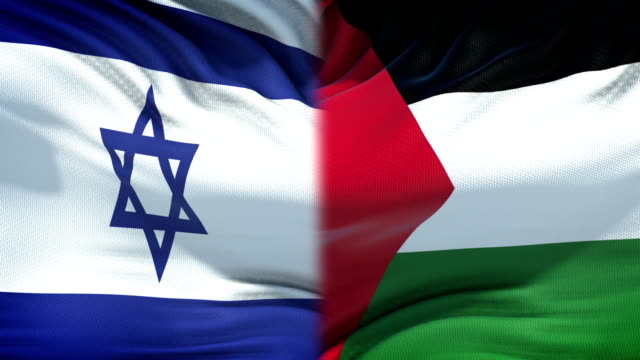 Israel-und-Palästina-Fahnen-Hintergrund,-diplomatische-und-wirtschaftliche-Beziehungen