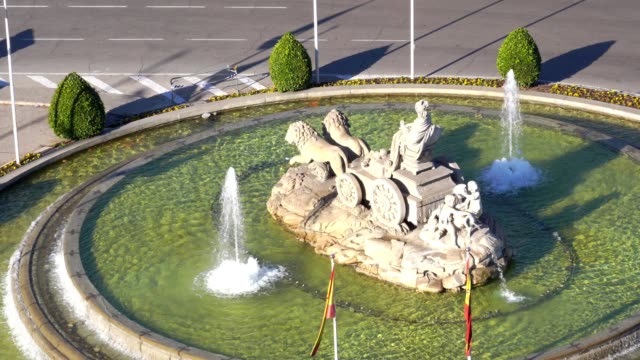 Aerial-view-of-Cibeles-fountain-at-Plaza-de-Cibeles-in-Madrid-in-a-sunny-day