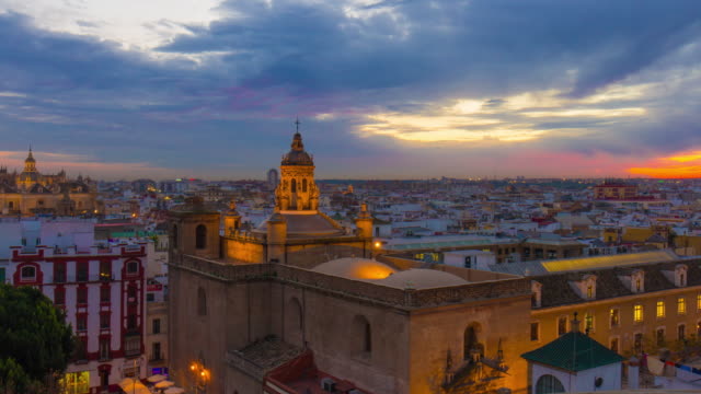 Sevilla-Sonnenuntergang-Stadt-Dachterrasse-Panorama-\"-4-k-Zeitraffer-Spanien