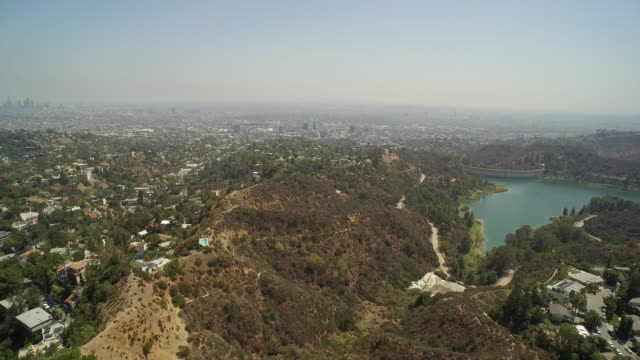 Aerial-view-of-Lake-Hollywood-and-Downtown-Los-Angeles----California,-USA