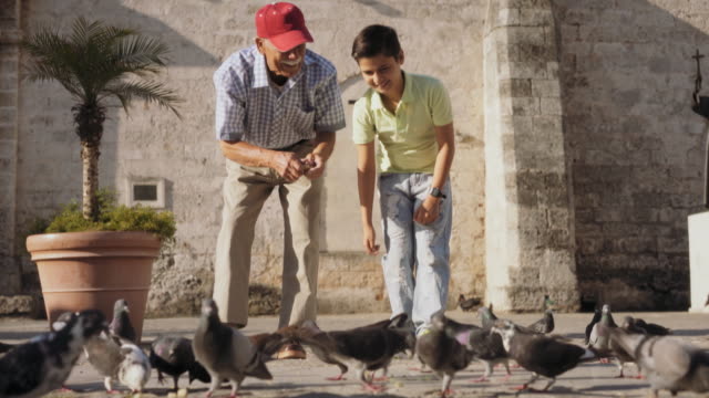Grandparent-And-Grandson-Feeding-Pigeons-With-Bread-On-Vacations