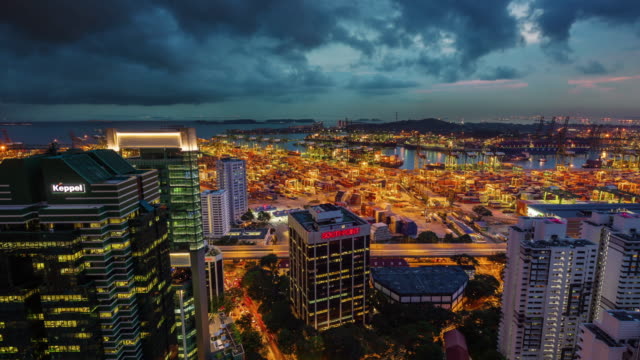 Tag-bis-zum-Abend-leichte-Singapur-Hafen-blockieren-4-k-Zeitraffer
