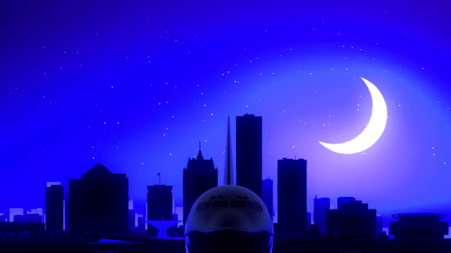 Milwaukee-Wisconsin-USA-Amerika-Flugzeug-abheben-Moon-Night-Blue-Skyline-Travel