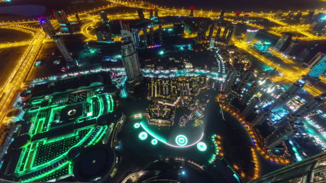 Nacht-Beleuchtung-Dubai-Welt-höchste-Gebäude-Springbrunnen-anzeigen-4-k-Zeit-verfallen-Vereinigte-Arabische-Emirate