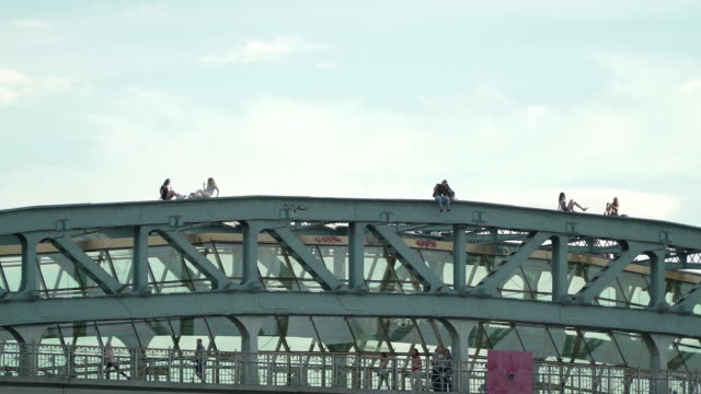 Concept-youth-lifestyle-subculture.-Crazy-risky-selfie-of-a-group-of-youth-on-top-of-the-bridge.-Life-threatening.-Moscow-Gorky-Park,-Moscow-river,-Russian