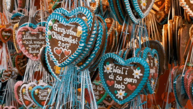 Traditional-Colorful-Gingerbread-Heart-Shaped-at-the-Oktoberfest-Festival,-Bavaria,-Germany
