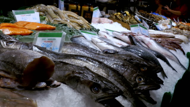 Counter-with-Seafood-in-La-Boqueria-Fish-Market.-Barcelona.-Spain