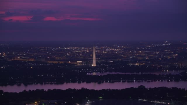 Aerial-view-of-sunrise-over-Potomac-River-and-Washington-D.C.