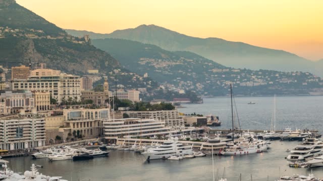 Monaco-Ville-city-skyline-day-to-night-timelapse,-Monte-Carlo,-Monaco-4K-Time-lapse