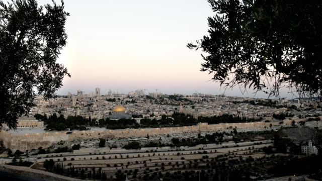 Haube-des-Felsens-in-der-Morgendämmerung,-umrahmt-von-Olivenbäumen-in-jerusalem