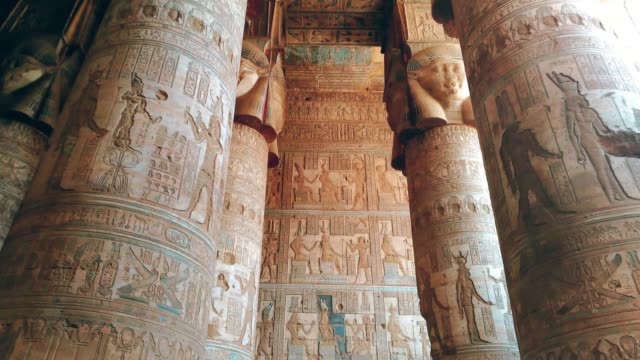 Beautiful-interior-of-the-Temple-of-Dendera-or-the-Temple-of-Hathor.-Egypt,-Dendera,-Ancient-Egyptian-temple-near-the-city-of-Ken